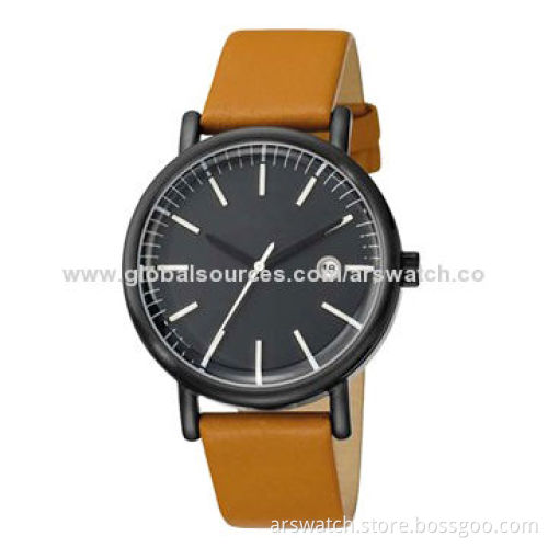 Stainless Steel Case Genuine Leather Men's Watch, OEM and ODM Orders Available, 3ATM WaterproofNew